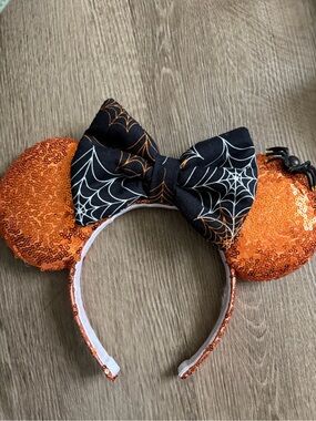 Halloween Sequin Mouse Ears Headband with Spiderweb Bow - Orange